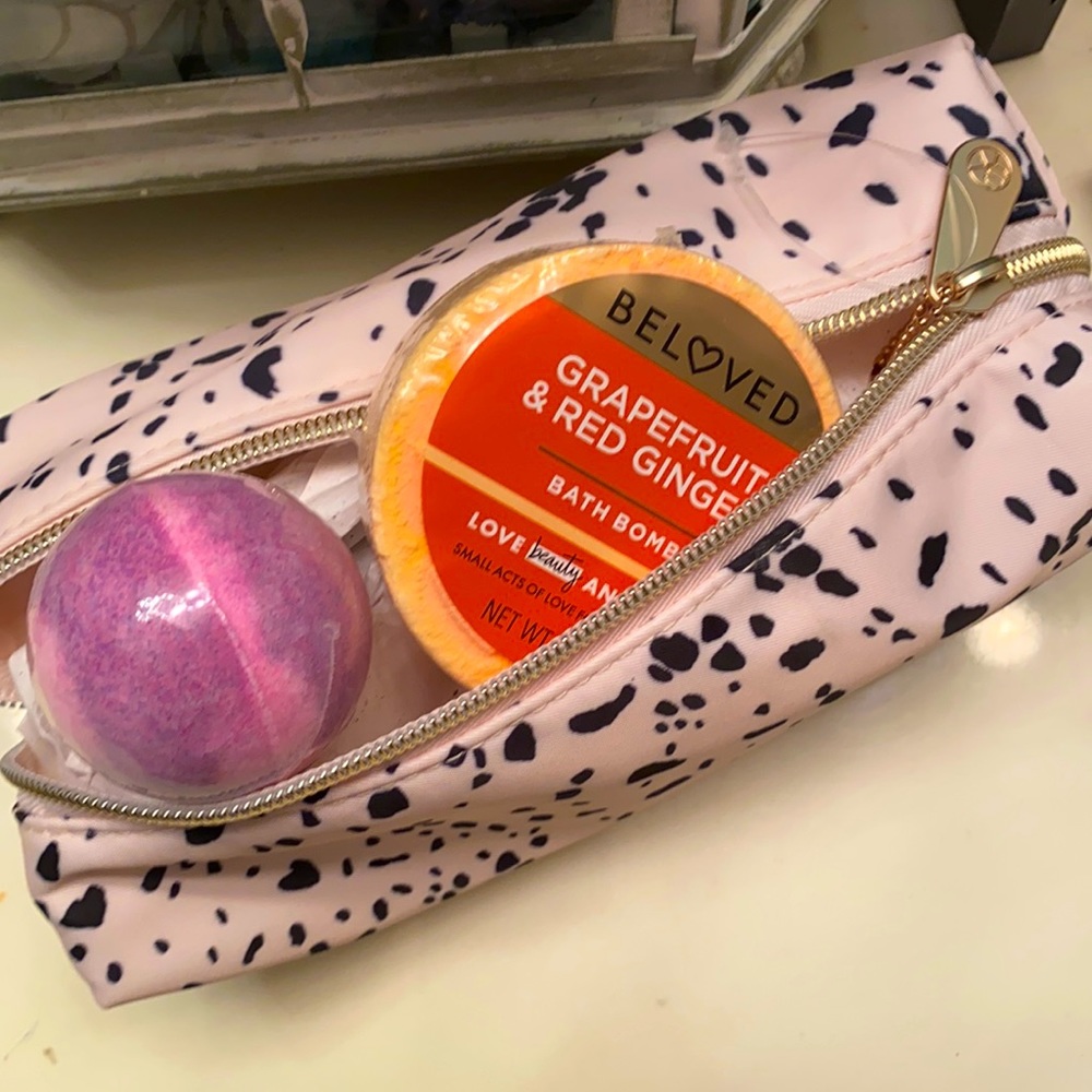 Makeup bag and bath bombs